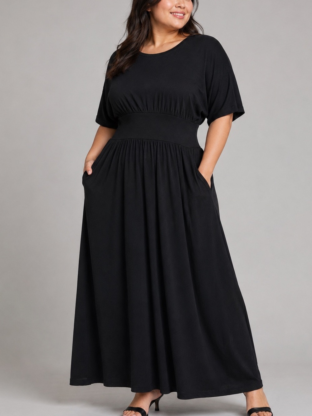 🆕🖤✨Nordstrom Black Short Sleeve Fit & Flare Maxi Dress Pockets Plus Size 3X